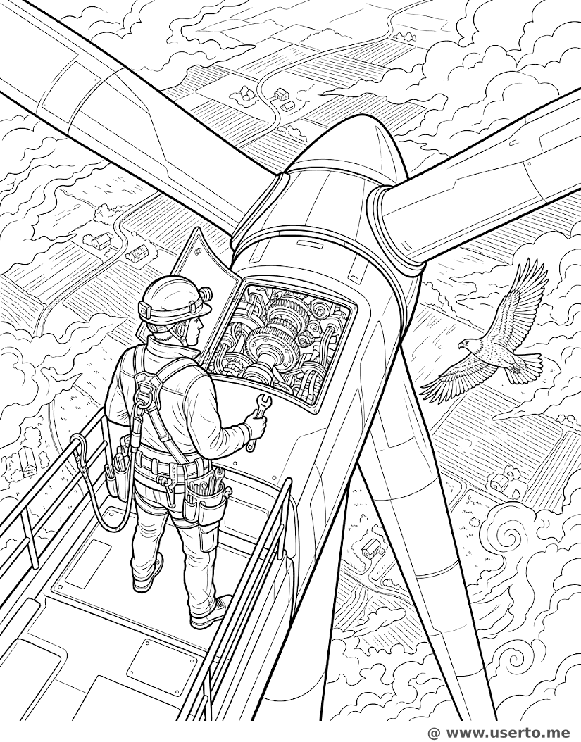 El ingeniero de turbinas eólicas en el cielo