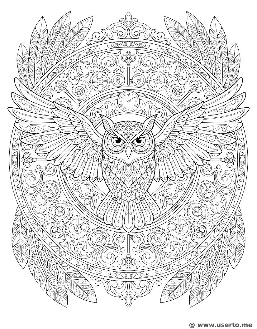 Mandala de búho steampunk con engranajes