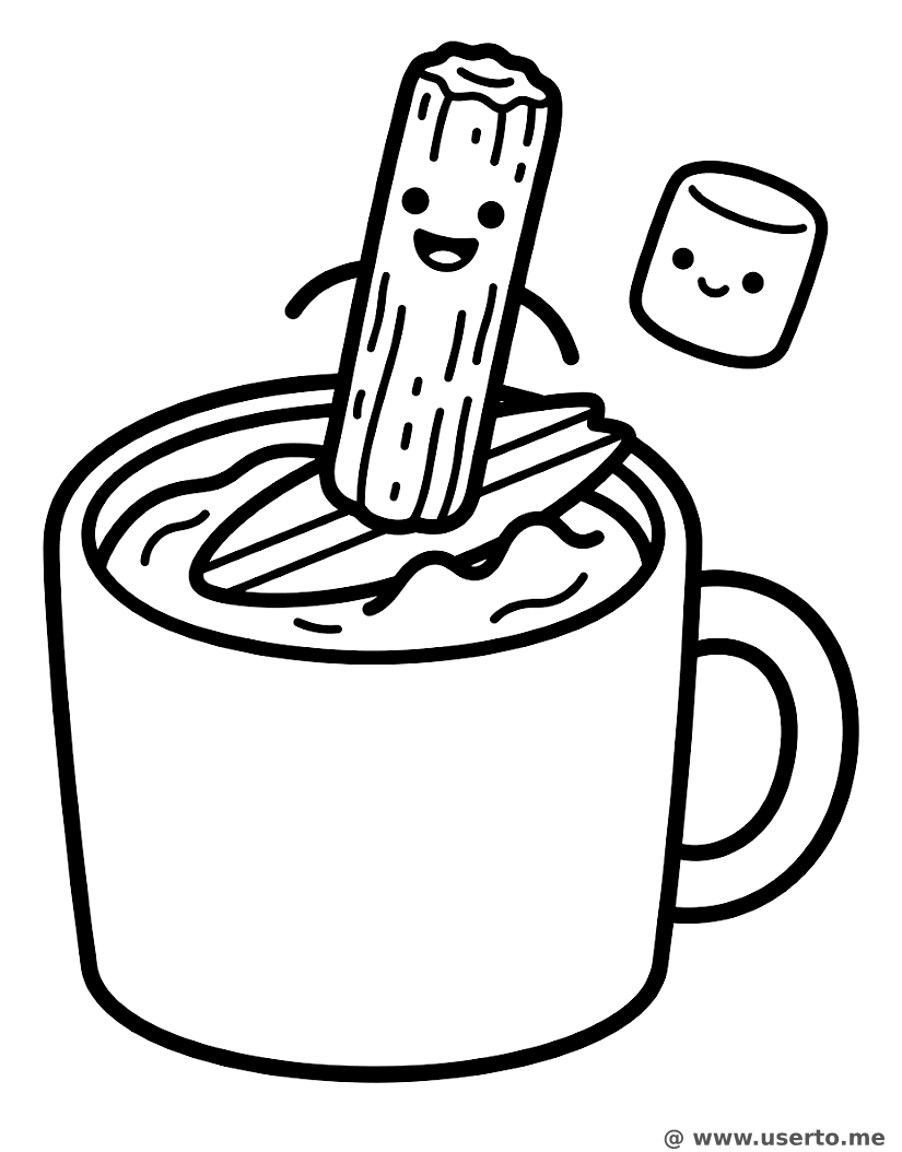 Churro Feliz Surfando num Rio de Chocolate Quente