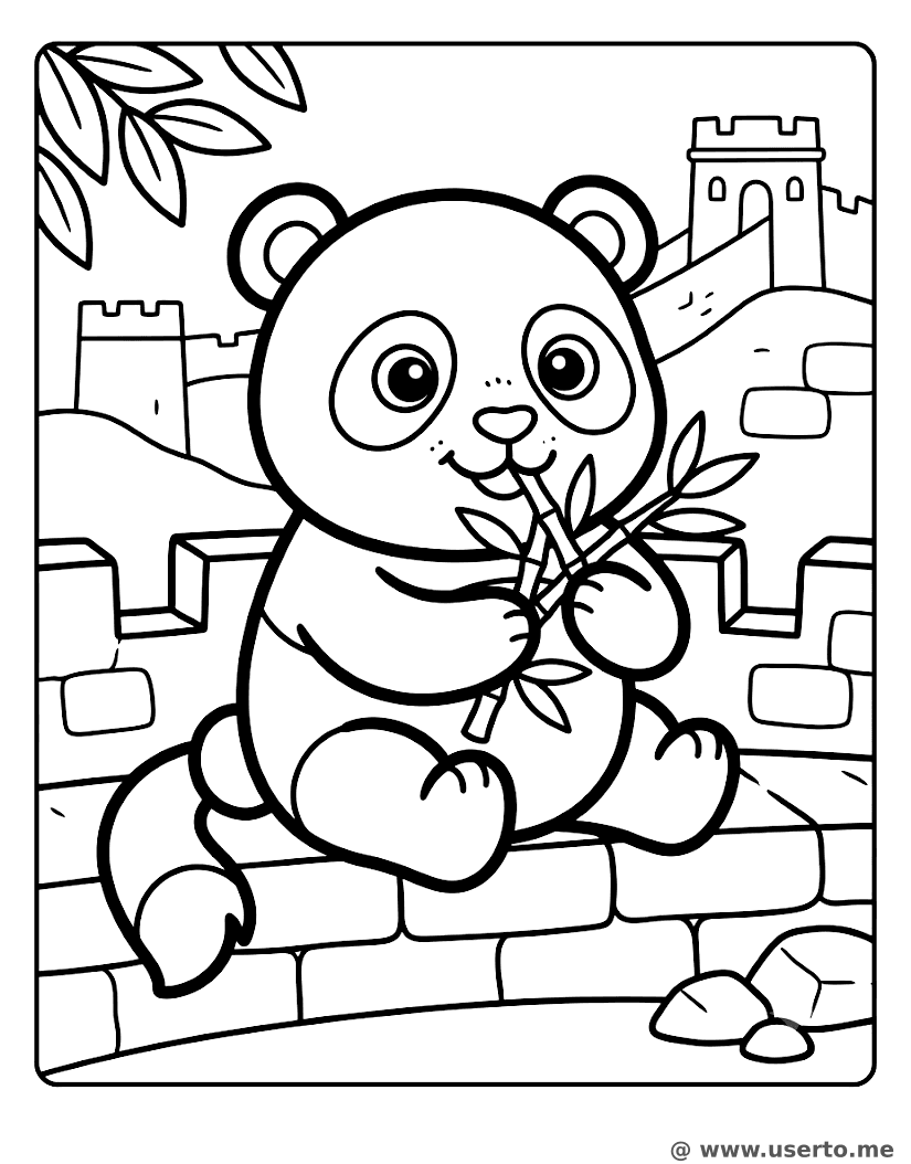 Osito panda comiendo bambú en la Gran Muralla