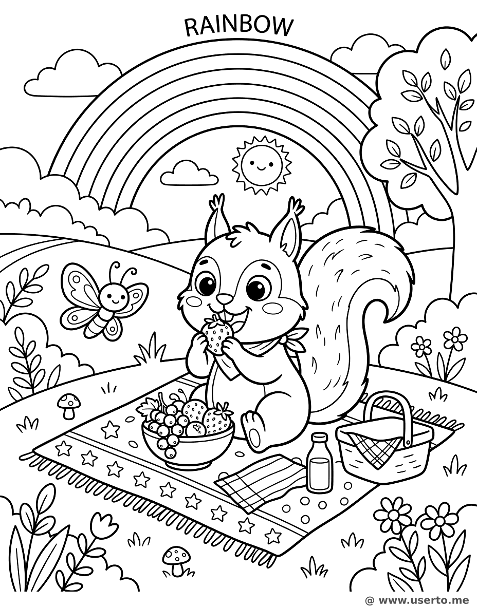 Squirrel Picnic Under a Rainbow