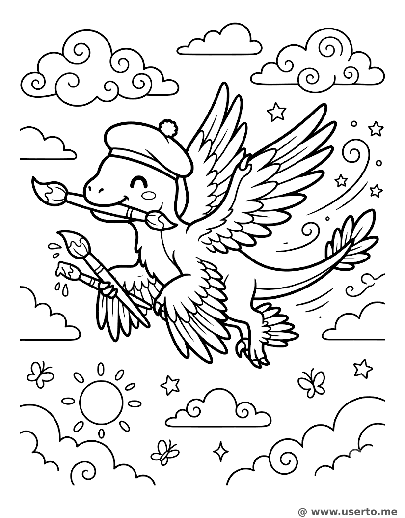 Microraptor emplumado pintando murales en el cielo