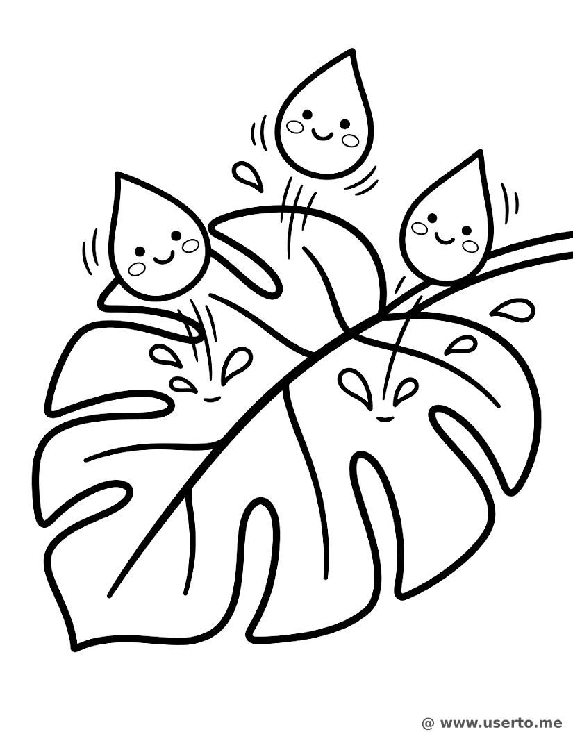 거대 나뭇잎 위의 행복한 빗방울