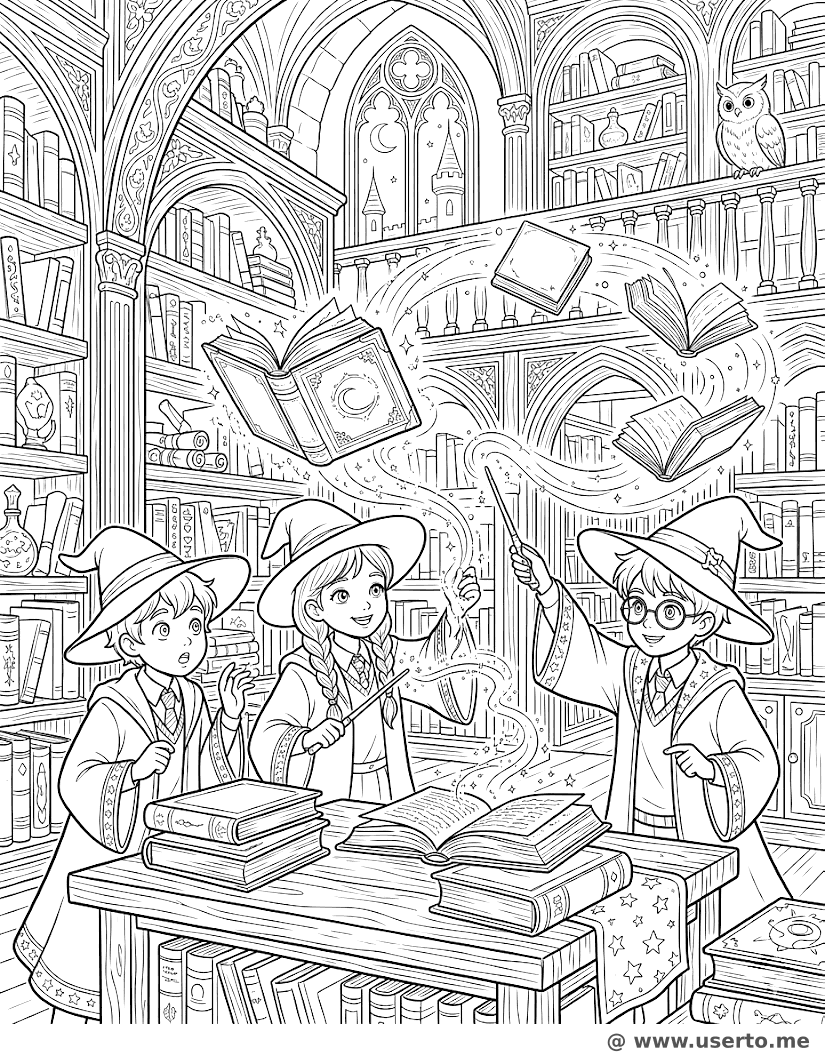 Hechizos en la biblioteca de la escuela de magia