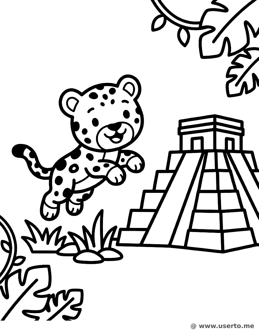 Verspielter Jaguar an der Pyramide