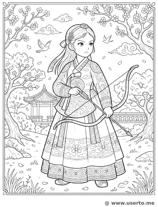 Mutige Bogenschützin im Hanbok