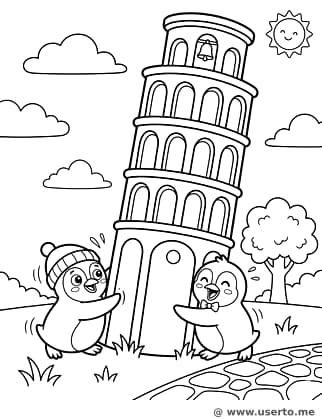 피사를 미는 펭귄들