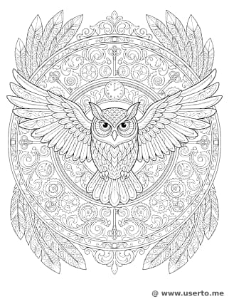 Mandala de búho steampunk con engranajes
