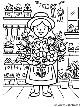 La amable florista arreglando flores