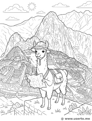 A lhama exploradora em Machu Picchu