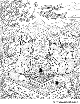 El picnic de la familia zorro entre cerezos