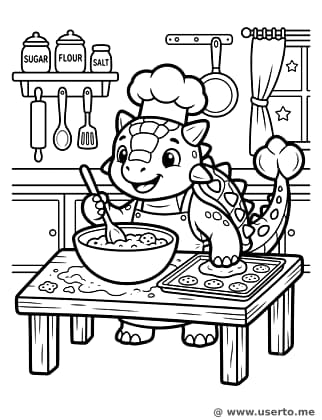 Bebê Anquilossauro assando biscoitos pré-históricos