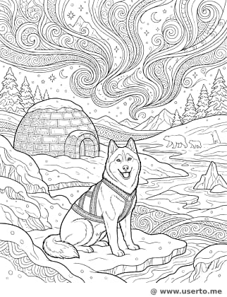 오로라를 구경하는 허스키