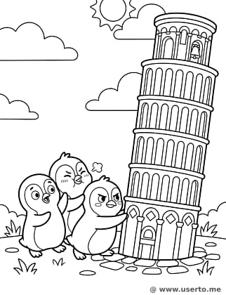 Pingüinos empujando Pisa