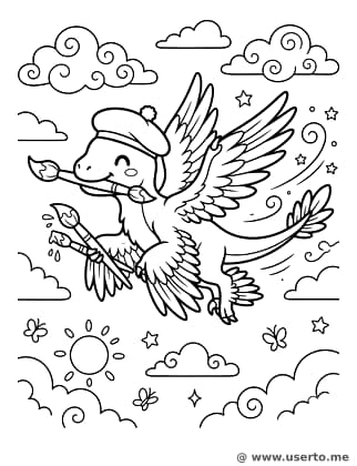Microraptor emplumado pintando murales en el cielo