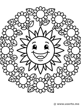 Mandala de Sol Sonriente y Olas de Flores