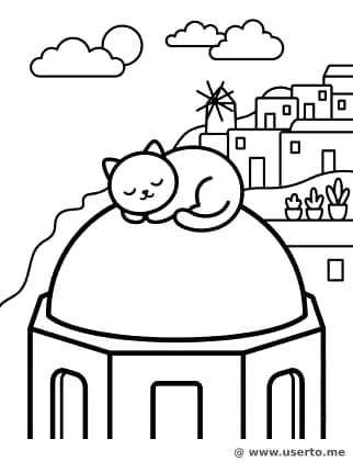 Gato sonolento na ensolarada Santorini