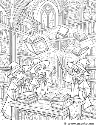 Hechizos en la biblioteca de la escuela de magia