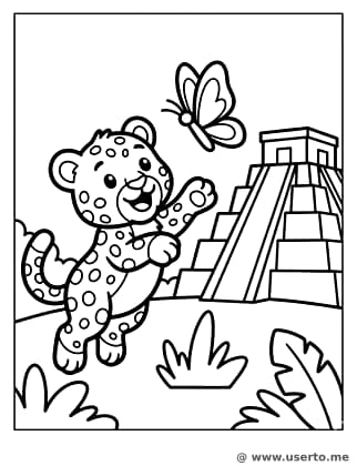 Jaguar juguetón en la pirámide maya