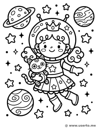 Space Princess Floating with Robot Cat