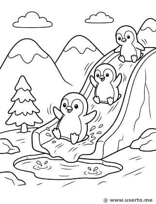 Fiesta de pingüinos en el tobogán de hielo