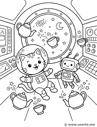 A festa do chá flutuante do gato espacial